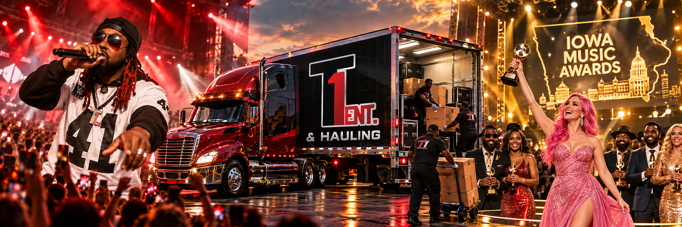 Promotional montage of Tone Da Boss performing for a packed crowd, a T1 Entertainment semi truck loading cargo, and an Iowa Music Awards stage with guests in suits and gowns